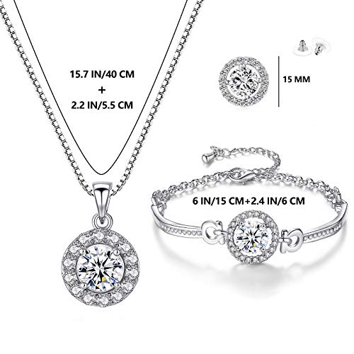 YooAi Jewellery Set Heart Pendant Necklace and Earrings Set Cubic Zirconia Jewellery for Women - color: Round Silver