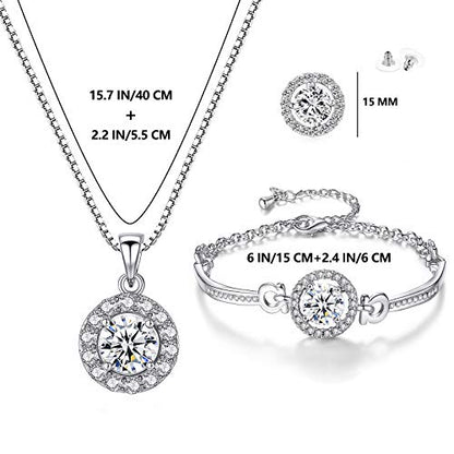 YooAi Jewellery Set Heart Pendant Necklace and Earrings Set Cubic Zirconia Jewellery for Women - color: Round Silver