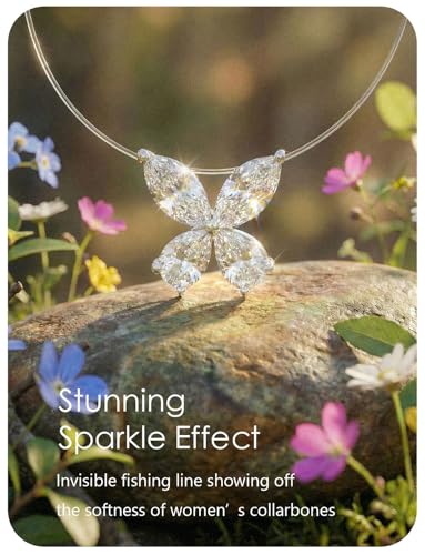 Teardrop 925 Silver CZ Floating Pendant Necklace 16 Inch Cubic Zirconia Invisible Necklace, Hypoallergenic, Jewelry Gifts for Women Anniversary Birthday - color: Butterfly