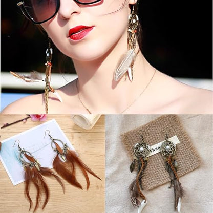 2 Pairs Brown Dream Catcher Feather Earrings for Women Bohemian Vintage Tassel Drop Dangle Earrings Ethnic Long Fringe Dreamcather Earring for Women Ear Jewelry - QC