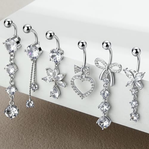 Dangle Belly Button Ring Surgical Stainless Steel Dangly Belly Rings for Women Dangling Heart Bow Butterfly Navel Belly Piercing Jewelry 14G - color: Silver Tone