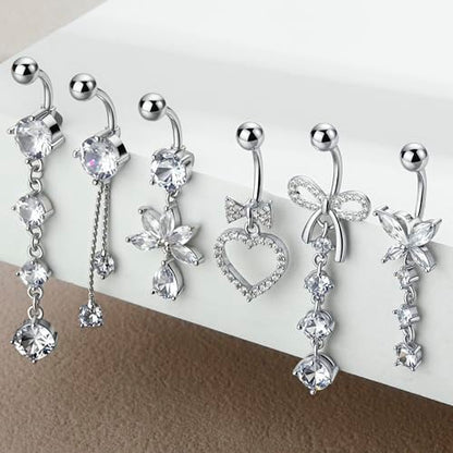 Dangle Belly Button Ring Surgical Stainless Steel Dangly Belly Rings for Women Dangling Heart Bow Butterfly Navel Belly Piercing Jewelry 14G - color: Silver Tone