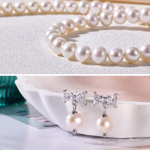 Freshwater Cultured Pearl Necklace Set Includes Cute Bow Pearl Earrings Jewelry for Women - size: 7 to 8mm