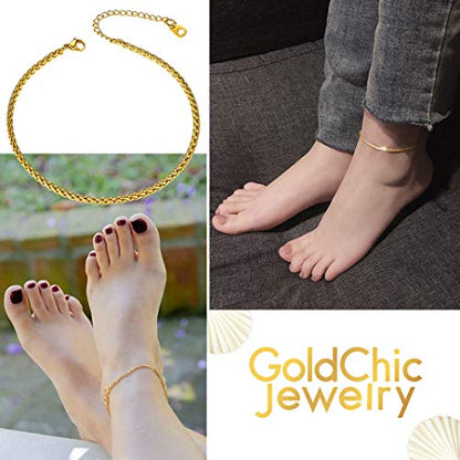 GoldChic Adjustbale Link Chain Anklet for Women Summer Jewelry, 316L Stainless Steel Figaro/Wheat/Twist Rope/Cuban Foot Bracelet-Waterproof, Resizable 9"-12" (Gift Box Included) - color: 4, Wheat - Gold