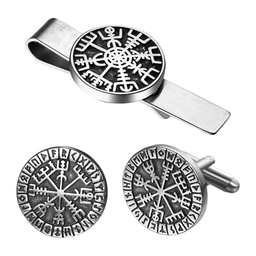 Mens Viking Cufflinks and Tie Clip: Norse Viking Tuxedo Shirt Cuff Links and Cool Tie Clip Shirt Accessories for Business Valentines Christmas Birthday - style: Viking Compass Cufflink and Tie Clip