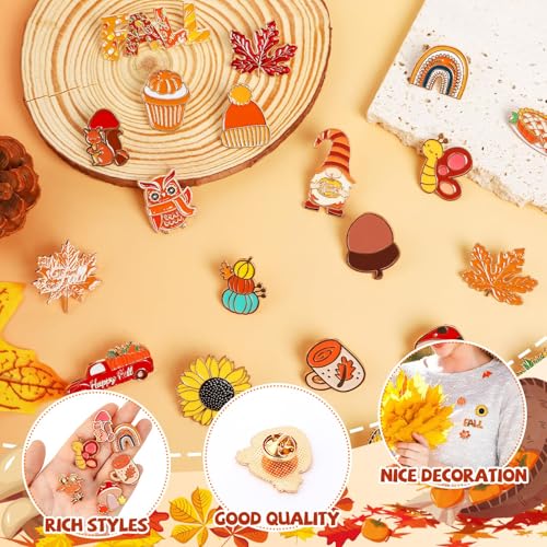 SANNIX 60Pcs Fall Pins, Autumn Enamel Pins Bulk Thanksgiving Lapel Pins Pumpkin Turkey Maple Leaf Brooch Pins for Clothes Bags Hats Accessories, 30 Styles - style: Fall Pins