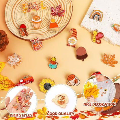 SANNIX 60Pcs Fall Pins, Autumn Enamel Pins Bulk Thanksgiving Lapel Pins Pumpkin Turkey Maple Leaf Brooch Pins for Clothes Bags Hats Accessories, 30 Styles - style: Fall Pins