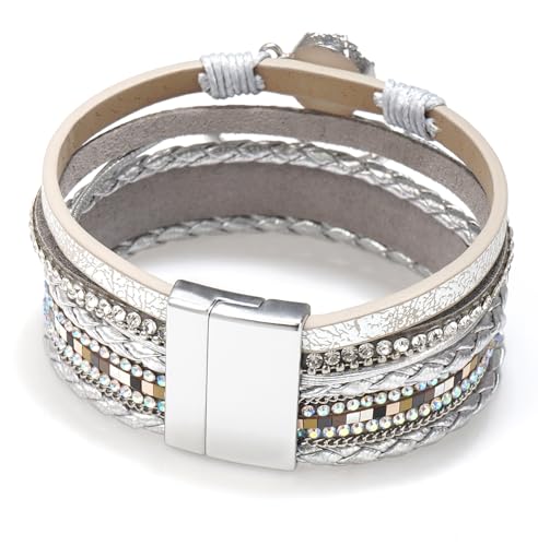 Suyi Multilayer Leather Wrap Bracelet Heart-Shape Wide Bracelets for Women - color: Color Silver
