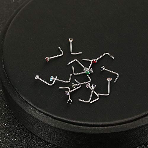 ZS 6-14PCS 20g Tiny Nose Stud Ring Piercing Surgical Steel Nose Bone/L Shaped/Nose Screws Rings Set - color: C:14pcs L Shaped Style(Mixed Color)