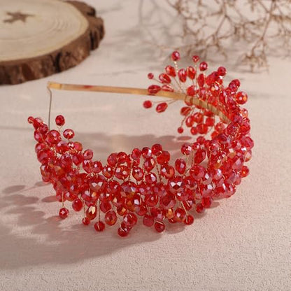 Denifery Large Crystal Headband for Wedding Bridal Hair Band Headpiece for Party Prom Hair Accessories (red) - color: red