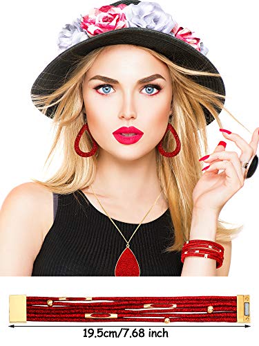 Hicarer 4 Pcs Jewelry Sets for Women Glitter Necklace and Earring Set Multi Layer Bracelet Costume Jewelry Sets for Bridal Shower Wedding - color: Red