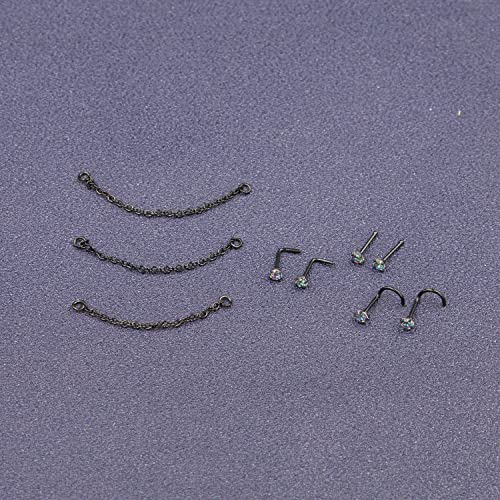 Nose Ring Chain Across Nose Black Stainless Steel Nostril Nose Piercing Chain with Cubic Zirconia Nose Screw Bone L-Shaped Ring for Women Body Piercing Nostril Jewelry with Bridge Chain - color: Black-Single Nose Chain Studs