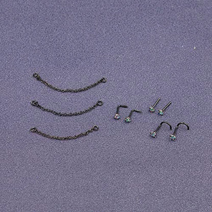 Nose Ring Chain Across Nose Black Stainless Steel Nostril Nose Piercing Chain with Cubic Zirconia Nose Screw Bone L-Shaped Ring for Women Body Piercing Nostril Jewelry with Bridge Chain - color: Black-Single Nose Chain Studs