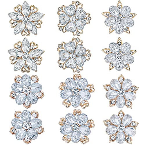 Lot 12pcs Assorted Crystal Rhinestone Flower Brooch Pin Set for Women DIY Bridal Wedding Bouquet Kit - color: Gold Plated - 12pcs
