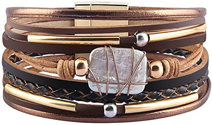 Fesciory Leather Wrap Bracelet for Women, Boho Western Layered Cuff Jewelry | Stackable Bracelets, Easy-On Clasp, Daily Wear, Pairs with Boho Western Outfits, Gift for Women - color: Brown4