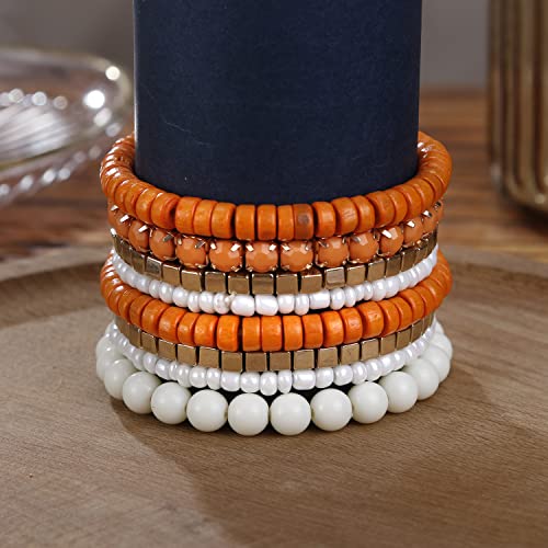 LUREME Boho Multi Strand Stackable Stretch Bracelet Set Wooden Cube Alloy Bead Bangle bl003172 - color: Orange