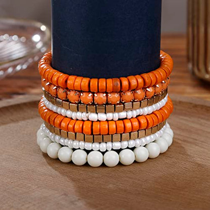 LUREME Boho Multi Strand Stackable Stretch Bracelet Set Wooden Cube Alloy Bead Bangle bl003172 - color: Orange