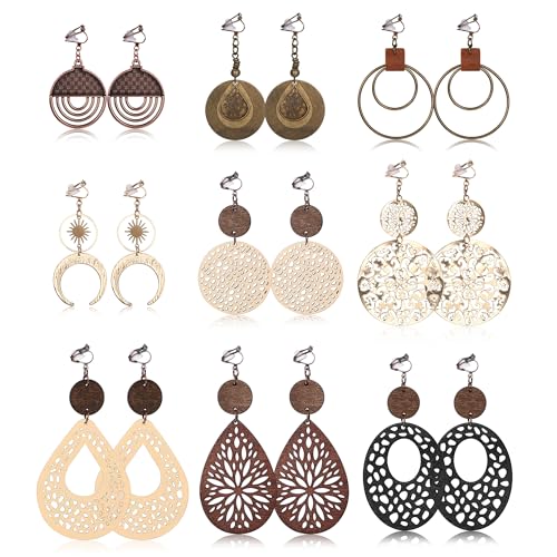 THUNARAZ Clip on Dangle Earrings for Women Trendy, Bohemian Earrings Set | 9 Pairs Non-Pierced Earrings, Lightweight Comfortable Earrings, Bohemian Drop Clip on Earrings, Hypoallergenic Earrings Set - style: Style A