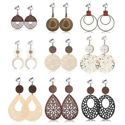 THUNARAZ Clip on Dangle Earrings for Women Trendy, Bohemian Earrings Set | 9 Pairs Non-Pierced Earrings, Lightweight Comfortable Earrings, Bohemian Drop Clip on Earrings, Hypoallergenic Earrings Set - style: Style A