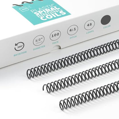 Binditek Plastic Spiral Binding Coils, 12 mm, 4:1 Pitch, Black, 100 Pack | Coil Binding Spines, 1/2", 90 Sheet Capacity, 48 Loops, for Letter-Size Reports, Presentations, School and Office Projects - size: 12mm, style: 100P , Black