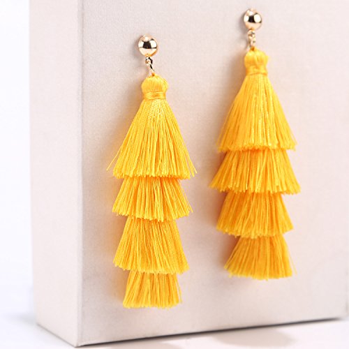 BaubleStar Bohemian Layered Tassel Drop Earrings for Women | Lightweight Statement Party Festival Jewelry - color: Yellow