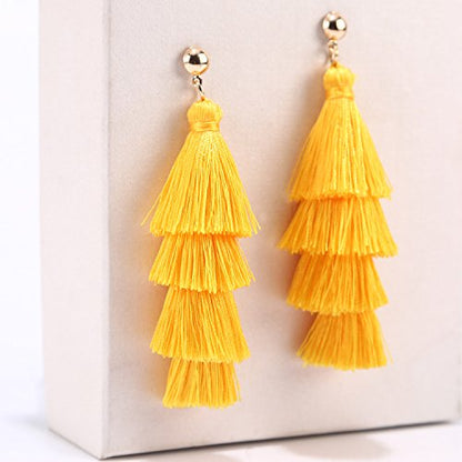 BaubleStar Bohemian Layered Tassel Drop Earrings for Women | Lightweight Statement Party Festival Jewelry - color: Yellow