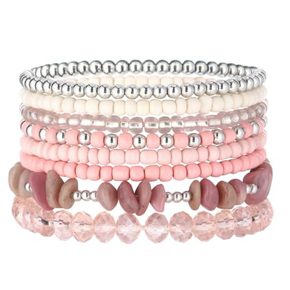 Noessla Boho Beaded Bracelets for Women Stackable Irregular Natural Stone Bead Stretch Bracelet Set 8PCS Costume Jewelry Gifts for Her - color: Pink