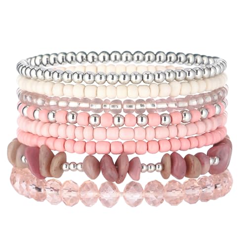 Noessla Boho Beaded Bracelets for Women Stackable Irregular Natural Stone Bead Stretch Bracelet Set 8PCS Costume Jewelry Gifts for Her - color: Pink