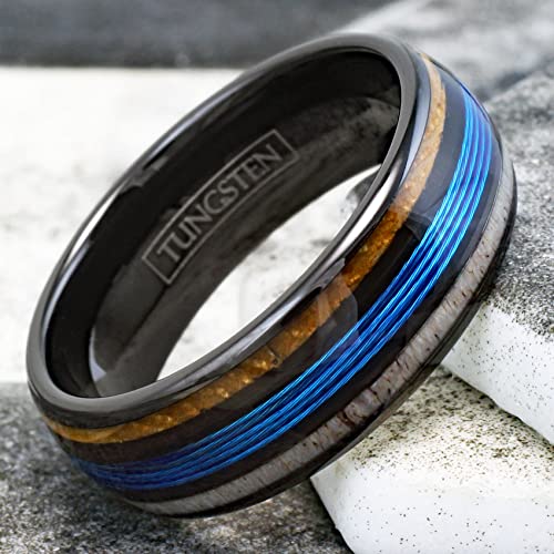 Stunning Unique 6mm/8mm Polished Black Tungsten Carbide Low Dome Band Ring with Fishing Line Between Whiskey Barrel Oak Wood and Deer Antler Inlays.