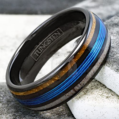 Stunning Unique 6mm/8mm Polished Black Tungsten Carbide Low Dome Band Ring with Fishing Line Between Whiskey Barrel Oak Wood and Deer Antler Inlays.