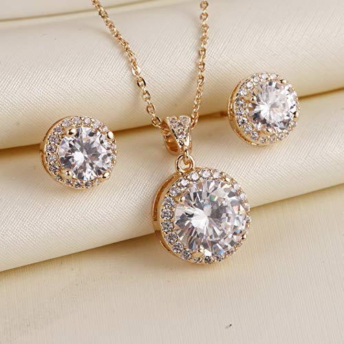 AMYJANE Halo Crystal Jewelry Set - Sterling Silver Round Cubic Zirconia Crystal Bridal Pendant Necklace Earrings Set for Wedding Bride Bridesmaids - color: Clear-Gold