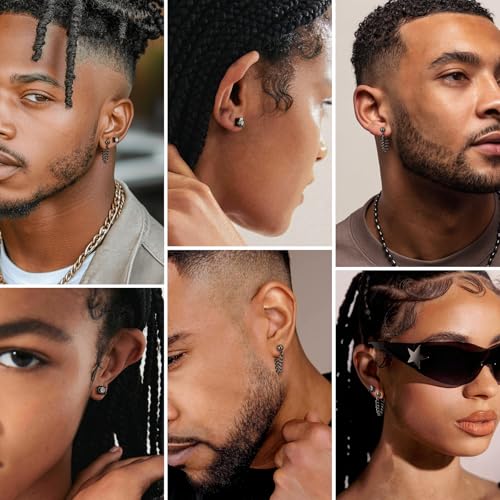 Black Moissanite Stud Earrings for Men Women with Dangling Cuban Links Hypoallergenic Punk Hoop Earrings Mens Jewelry Gifts - color: C- 1.6 carats-(0.8ct*2)-6mm Round Moissanite Studs ‌&‌ 5mm Bead Chain Hoops