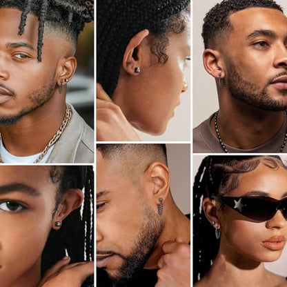 Black Moissanite Stud Earrings for Men Women with Dangling Cuban Links Hypoallergenic Punk Hoop Earrings Mens Jewelry Gifts - color: C- 1.6 carats-(0.8ct*2)-6mm Round Moissanite Studs ‌&‌ 5mm Bead Chain Hoops