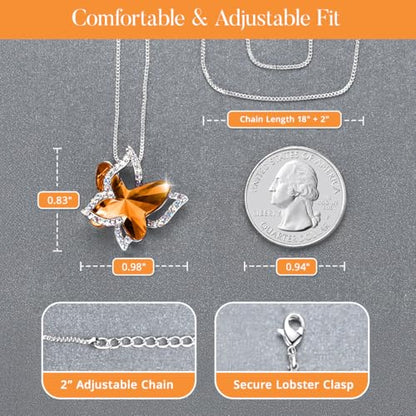 Butterfly Necklace, Birthstone Crystal, for Women, Silver Tone Pendant Jewelry, Anniversary Birthday Gift for Her, Wife & Mom, 18"+2" - color: 11a-November Birthstone - Amber Brown Crystal
