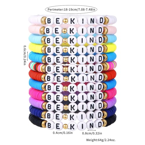Heishi Surfer Clay Bead Bracelets Set for Women - Preppy Smile Evil Eye Beaded Stretch Bracelets Elastic Layering Friendship Bracelets- Stackable Boho Disc Summer Jewelry Set - color: 12PC-BE KIND