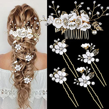 5 PCS Bridal Flower Wedding Hair Pins Crystal Pearl Hair Clips Headpiece Gold Wedding Hair Accessories Jewelry with Rhinestone for Brides Bridesmaids Women Girls Updo (Pure White Flower) - color: Flourish Flowers Series&Pure White Flower