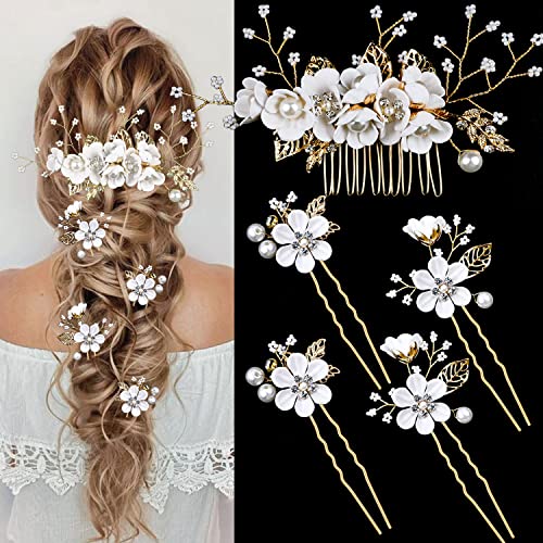 5 PCS Bridal Flower Wedding Hair Pins Crystal Pearl Hair Clips Headpiece Gold Wedding Hair Accessories Jewelry with Rhinestone for Brides Bridesmaids Women Girls Updo (Pure White Flower) - color: Flourish Flowers Series&Pure White Flower