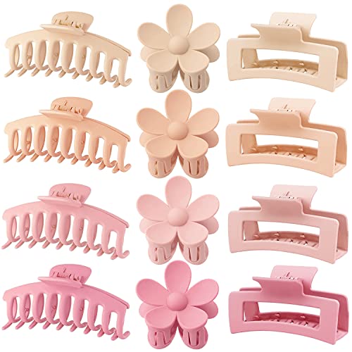 Large Hair Claw Clips 12 Pack, Flower Hair Clips for Thin Hair, Big Square Matte Strong hold for Thick Hair, 3 Styles Hair Clips for Women Thick Hair Pink Colors - color: Pink, light pink, khaki, light khaki