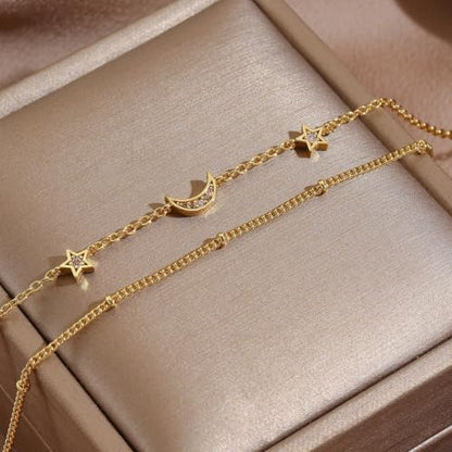 16K Gold Plated Bracelets Set for Women - Dainty Layered Adjustable Hand Chain Bracelet with Cubic Zirconia, Cute Jewelry Gift for Her, Waterproof Hypoallergenic - color: Moon and Star