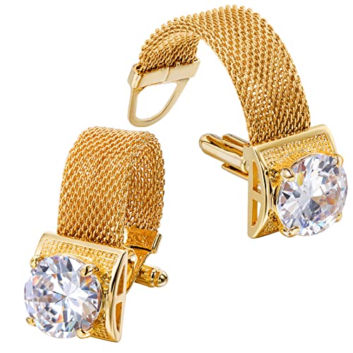HAWSON Mens Cufflinks with Chain - Stone and Shiny Gold Tone Shirt Accessories - Party Gifts for Young Men - color: 24K Gold Color+White Crystal