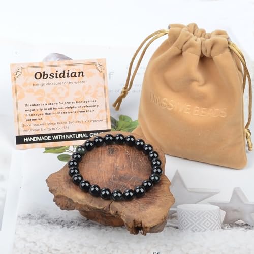 MASSIVE BEADS Handmade Yoga Stretch Elastic Bracelet Natural Stone Crystal Healing Power Energy Gifts for Unisex Adult 4mm 6mm 8mm 10mm - color: Black Obsidian(Pleasure), size: 8mm