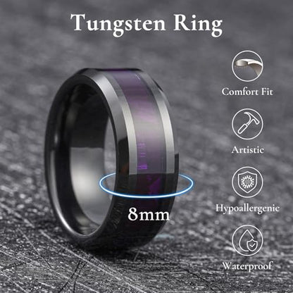 King Will Tungsten Wedding Band Wood Inlay for Men Black Beveled Edge | Black, 8mm, Beveled Edge, Comfort Fit, Wood inlay, Promise Gift - color: Black-Purple