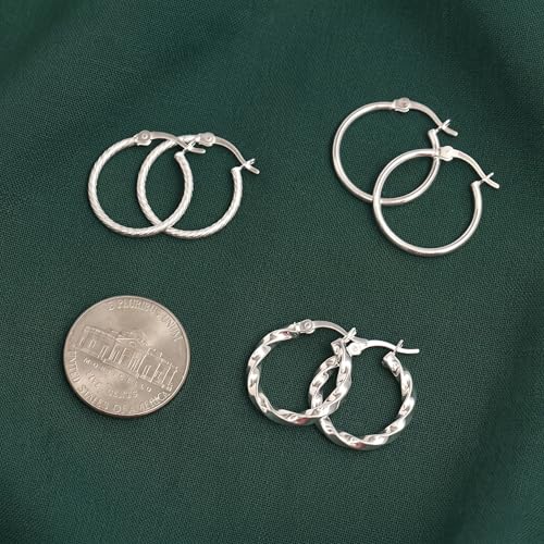 Charmsy Set of 3 Pairs 925 Sterling Silver Hoop Earrings for Women | Lightweight Italian 2.5mm Tube Diamond-Cut Classic Texured Click-Top Hoops Earring | Size 12/13/15/18/20/25mm - color: Tri-PAIR-18mm