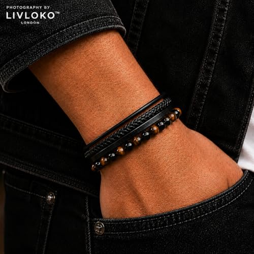 LONDON Mens Bracelet Leather Black Multi-Layer Stone Beads Adjustable Steel Clasp Viking Rope Bands Surfer Man Wristband Male UK Jewellery Gift box Boyfriend Dad Son Brother Tiger Eye - color: A. 19-22cm Black Leather Tiger-Eye Adjustable, size: Medium to
