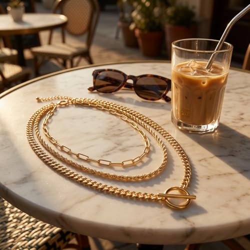 Gold Plated Layered Chain Necklace for Women - 33cm 38cm 45cm Paperclip Rope Curb Chain with Toggle Clasp, Waterproof Gold Bar Necklaces for Women Trendy Jewelry Set