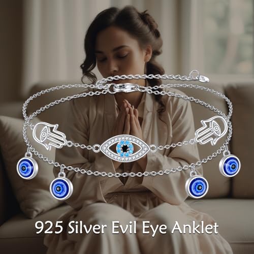 925 Sterling Silver Cat Butterfly Anklets Double Layered Chain for Birthday Women Ankle Bracelet Summer Beach Dainty Jewelry - style: Evil Eye