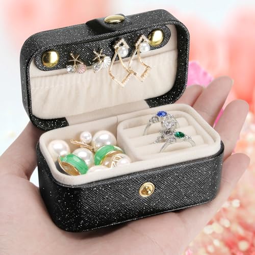 KUKUVR Mine Travel Jewelry Case, Ring Organizer Box for Women (BLACK) | PU Surface & Velvet Lining, for Multiple Rings Necklace Earrings Lipstick, Small Jewelry Holder Boxs, Removable Ring Slot - color: BLACK
