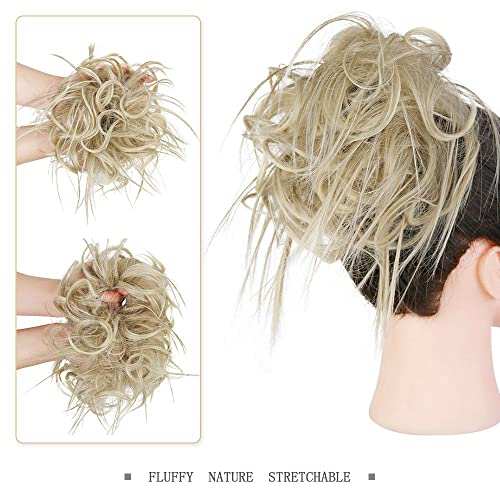 HMD Tousled Updo Messy Bun Hair Piece for Women Synthetic Hair Extension | Messy Bun Hair Piece with Elastic Scrunchie Synthetic Tousled Updos Ponytail Hairstyles for Daily Wear - color: Ash Blonde Mix Bleach Blonde(18t613#)