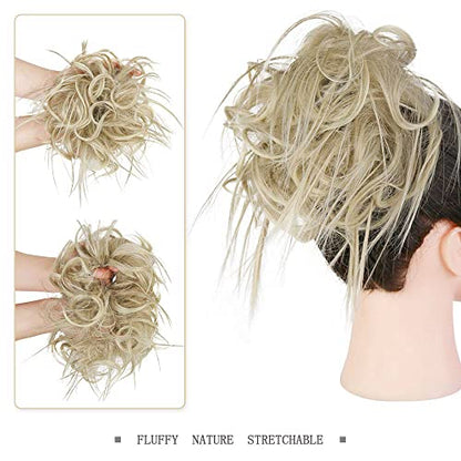 HMD Tousled Updo Messy Bun Hair Piece for Women Synthetic Hair Extension | Messy Bun Hair Piece with Elastic Scrunchie Synthetic Tousled Updos Ponytail Hairstyles for Daily Wear - color: Ash Blonde Mix Bleach Blonde(18t613#)