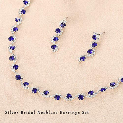 Bride Silver Necklace Earrings Set Crystal Bridal Wedding Jewelry Set Rhinestone Choker Necklace for Women and Brides - color: Blue